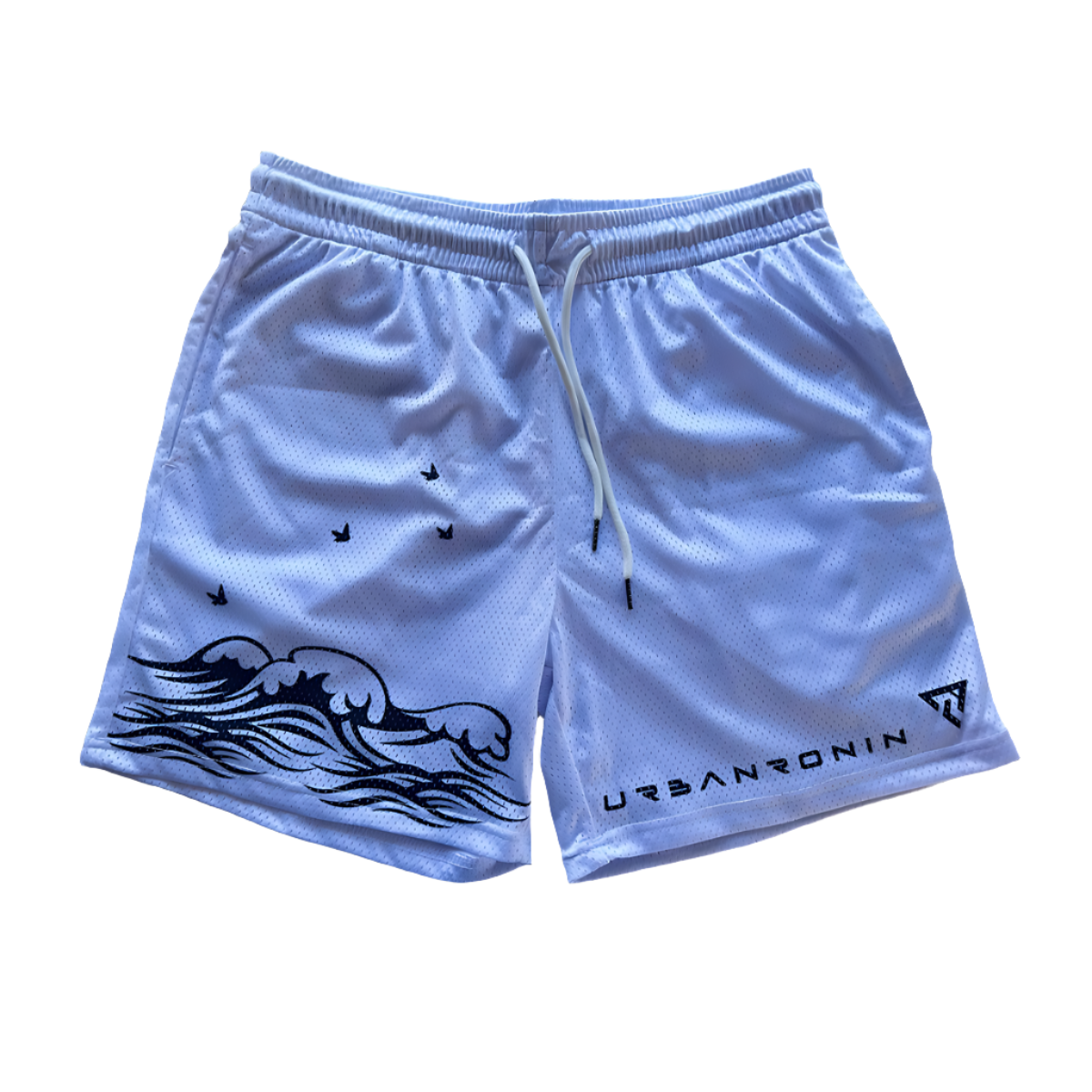 White athletic shorts with stylized black ocean waves and birds design, featuring the brand name 'URBAN RONIN' and a small logo near the hem.