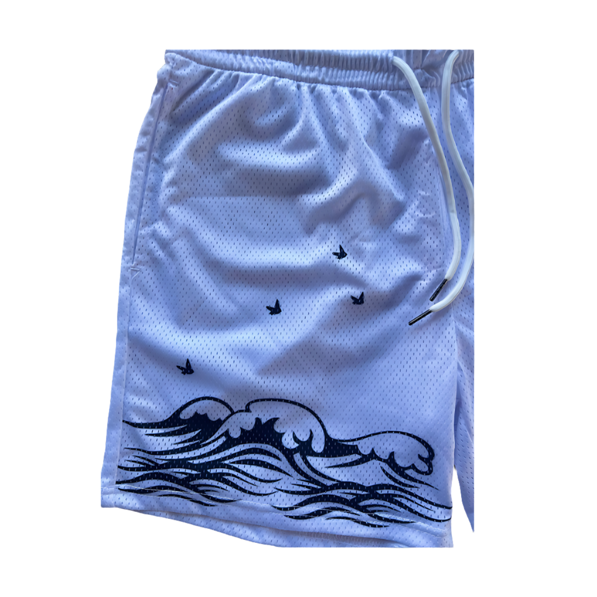 White athletic shorts with stylized black ocean waves and birds design, featuring the brand name 'URBAN RONIN' and a small logo near the hem.